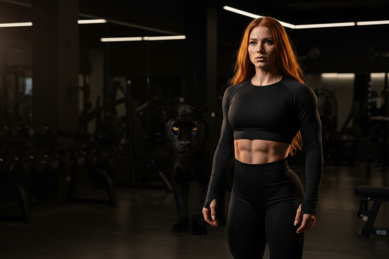 ultra-realistic 8K cinematic fitness photoshoot inside a modern dark black gym. a stunning red-haired athletic woman stands on the right side of the frame, muscular, strong and incredibly beautiful, with a serious confident expression. she wears sleek black seamless high-waist leggings and a matching crop top, elegant not vulgar. dramatic moody lighting with soft warm highlights on her muscles and hair. behind her, a black panther is partially visible in the shadows — realistic and powerful, its glowing eye